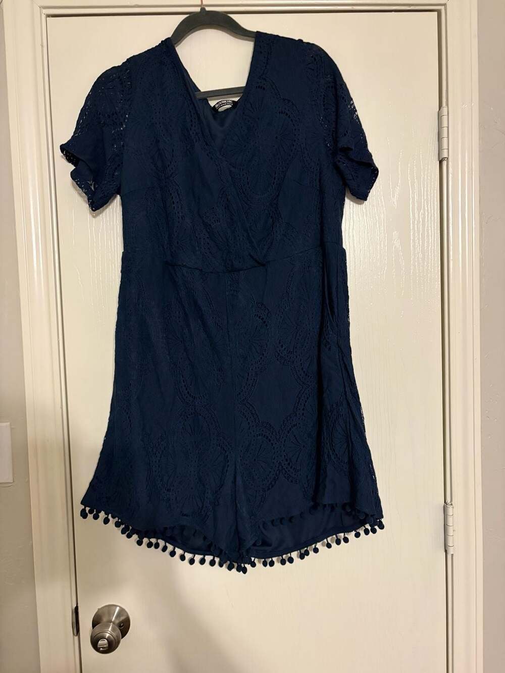 BloomChic Romper Size US 14-16 Navy Blue Lace Pom Pom Trim V-Neck Shorts